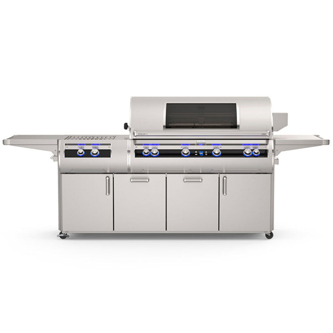 Fire Magic Echelon Diamond E1060s 48-inch stainless steel freestanding natural gas grill with 4 main burners, power side burner, rear burner, digital thermometer, Magic View window, cabinet storage and folding side shelves