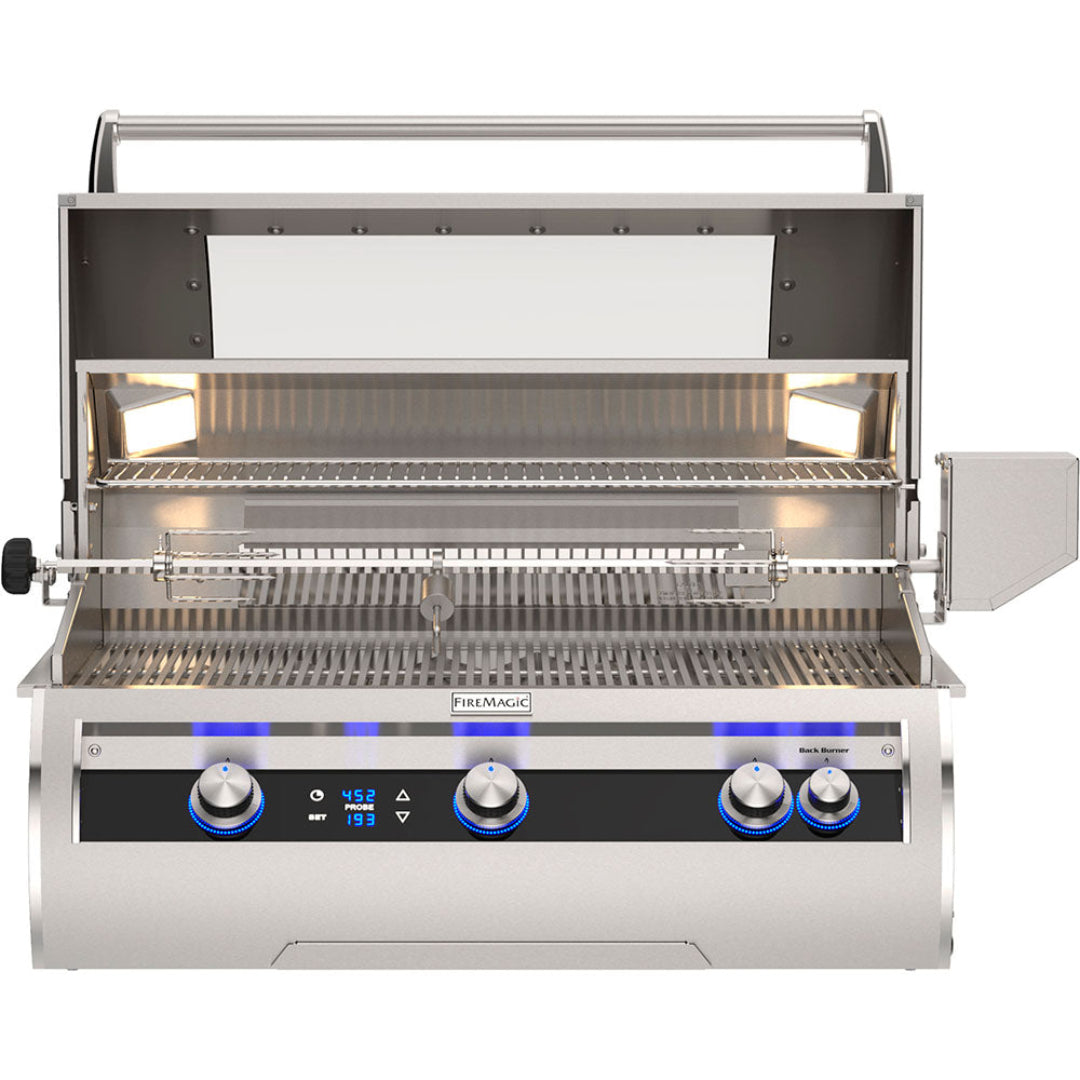 Fire Magic Echelon Diamond E790i 36-inch built-in natural gas grill with 3 burners, digital thermometer and probe, rear rotisserie burner with motor, Magic View window, stainless steel interior and LED knobs