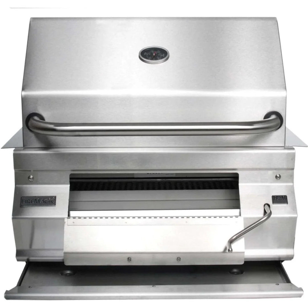 Fire Magic 30-inch stainless steel built-in charcoal grill head with lid thermometer, tubular front handle, front-access charcoal tray and removable ash drawer