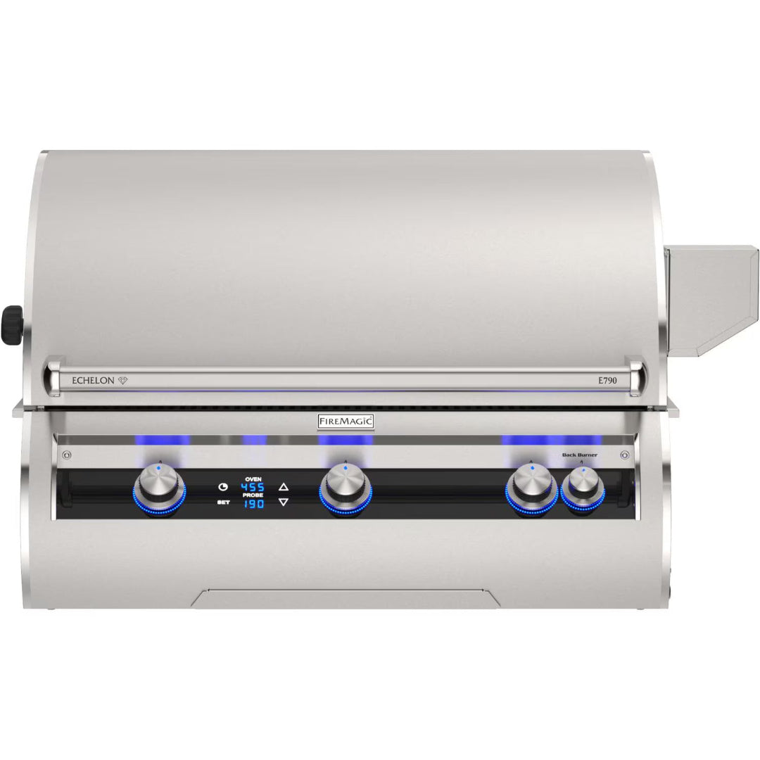 Fire Magic Echelon Diamond E790i built-in stainless steel natural gas grill with digital thermometer and blue LED control knobs