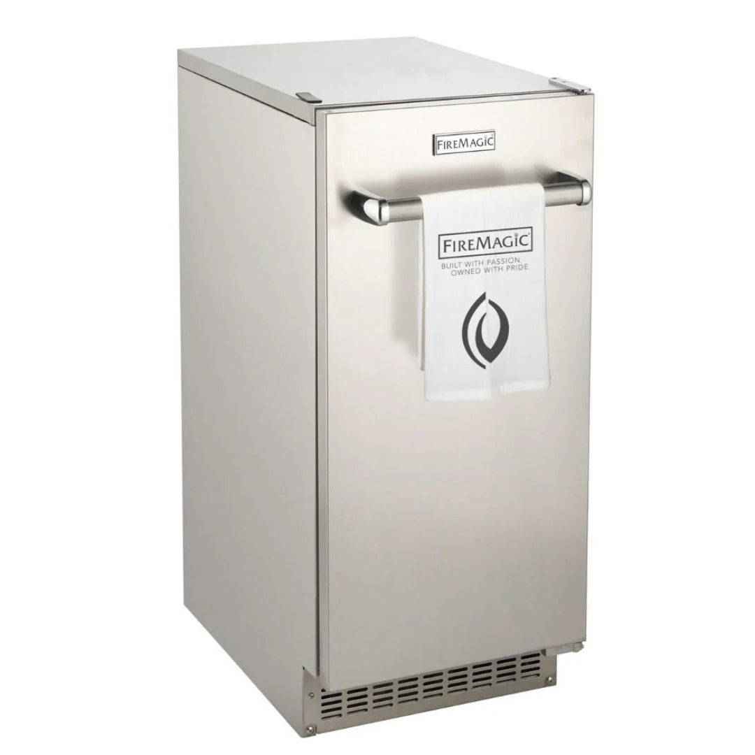 FireMagic Model 5597 stainless steel outdoor built-in undercounter ice maker, compact front-vented ice machine with towel bar handle for outdoor kitchen