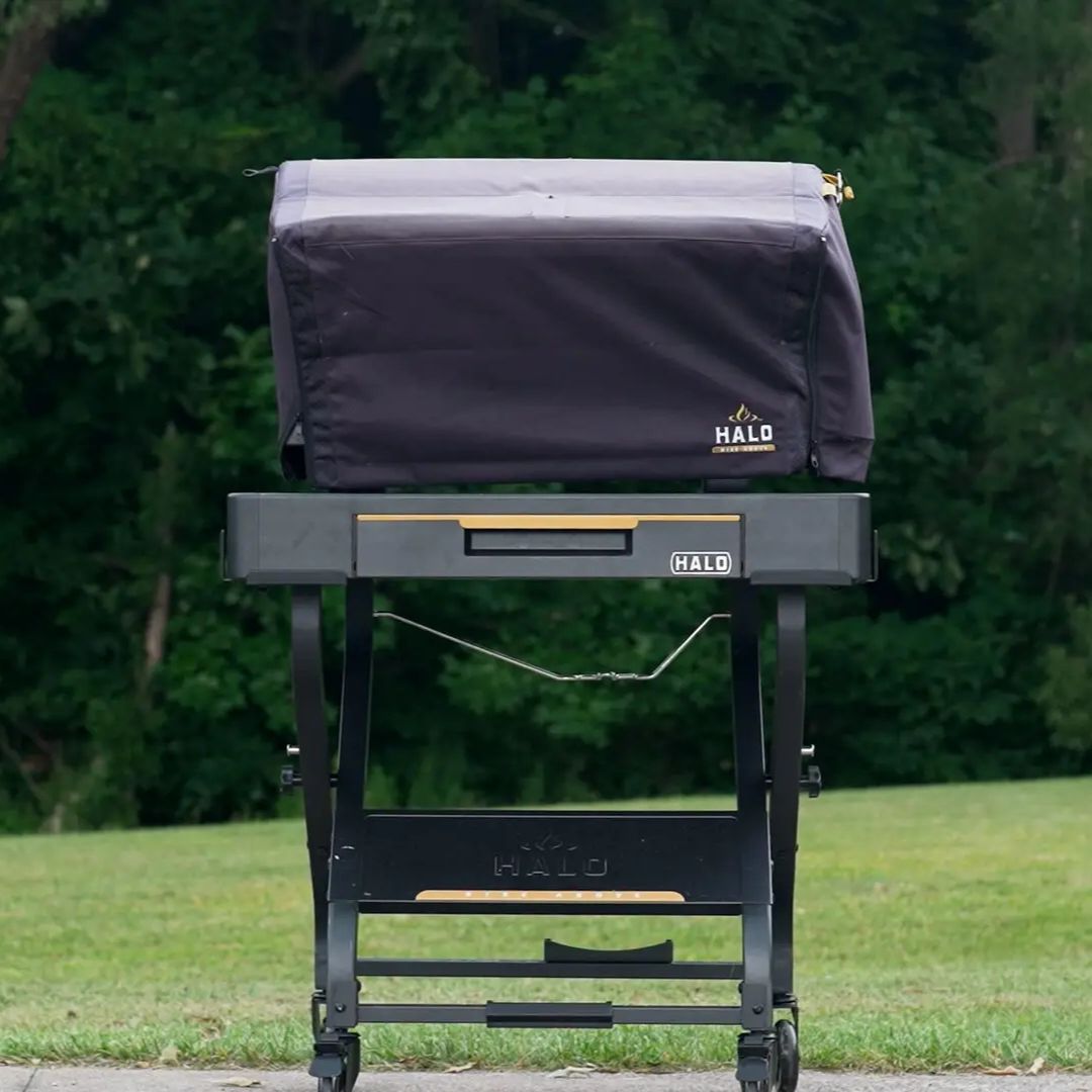 HALO Countertop Cart HO-1006-XNA - portable black collapsible outdoor prep cart with covered HALO appliance, front drawer and swivel caster wheels