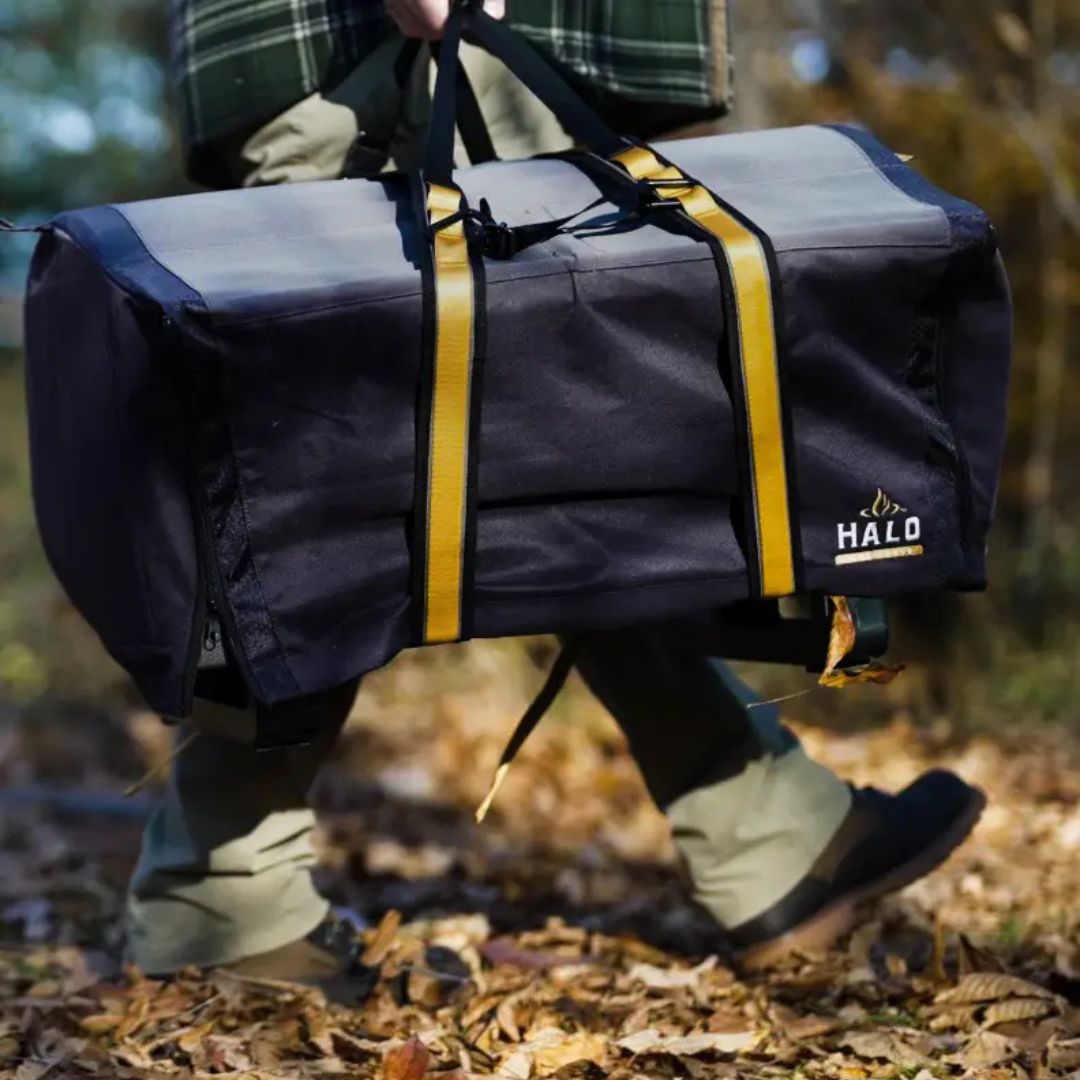 HALO HO-3002 countertop appliance carry straps with yellow reinforced webbing secured around a black appliance cover being carried outdoors