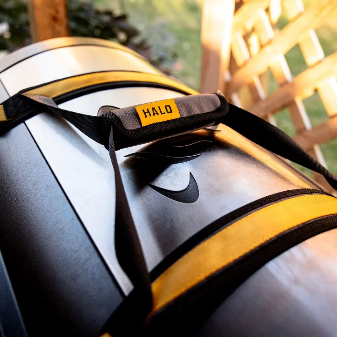 HALO HO-3002 countertop appliance carry straps with black webbing and yellow padded handle secured to a silver appliance