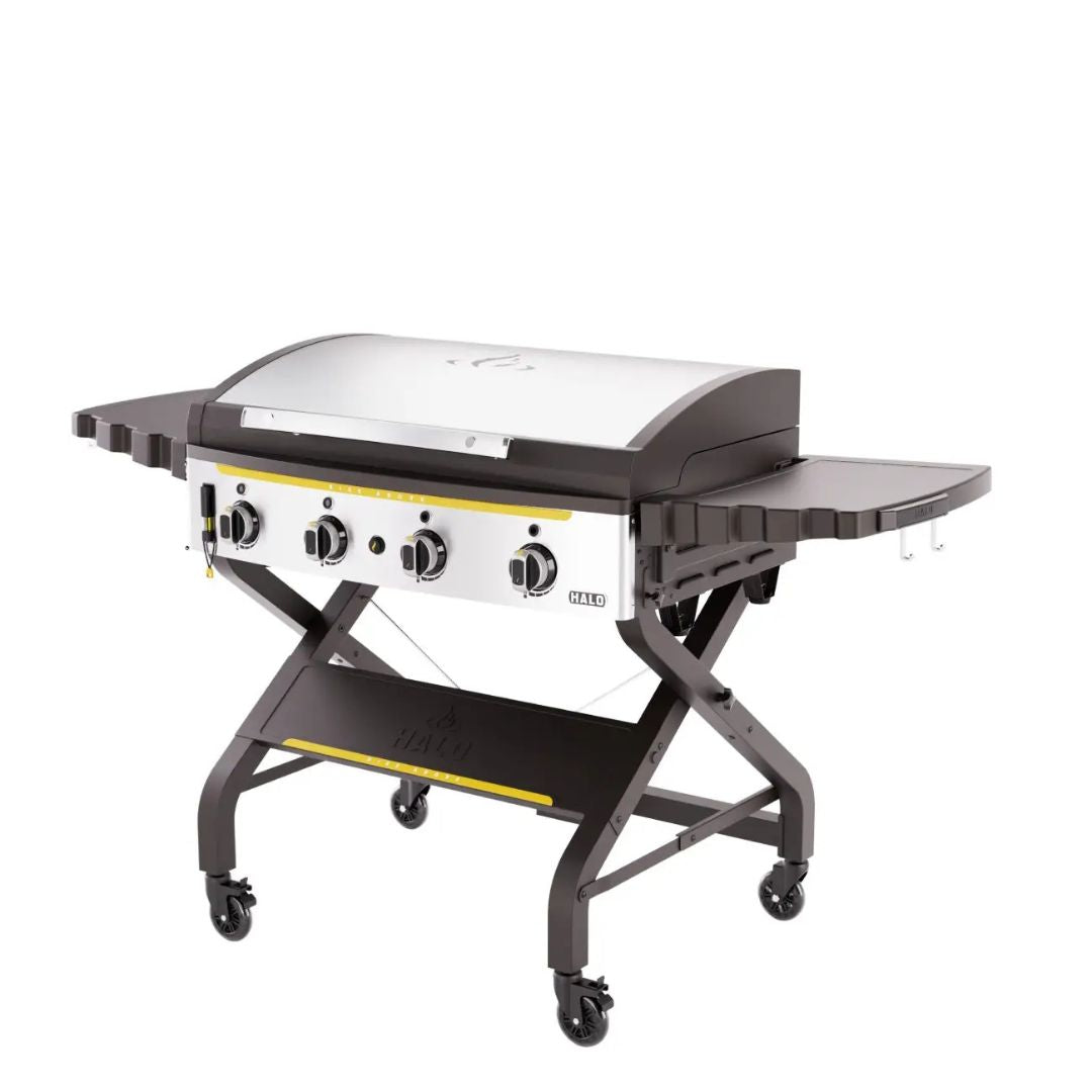 HALO Elite 4B Griddle HZ-1001-XNA 4-burner flat-top grill with stainless-steel hood, dual-zone burners, side shelves, folding X-frame cart and caster wheels