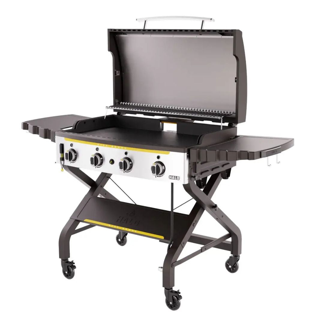 HALO Elite 4B Griddle HZ-1001-XNA 4-burner flat-top gas griddle with open hood, swing-away warming rack, foldable side shelves and caster wheels