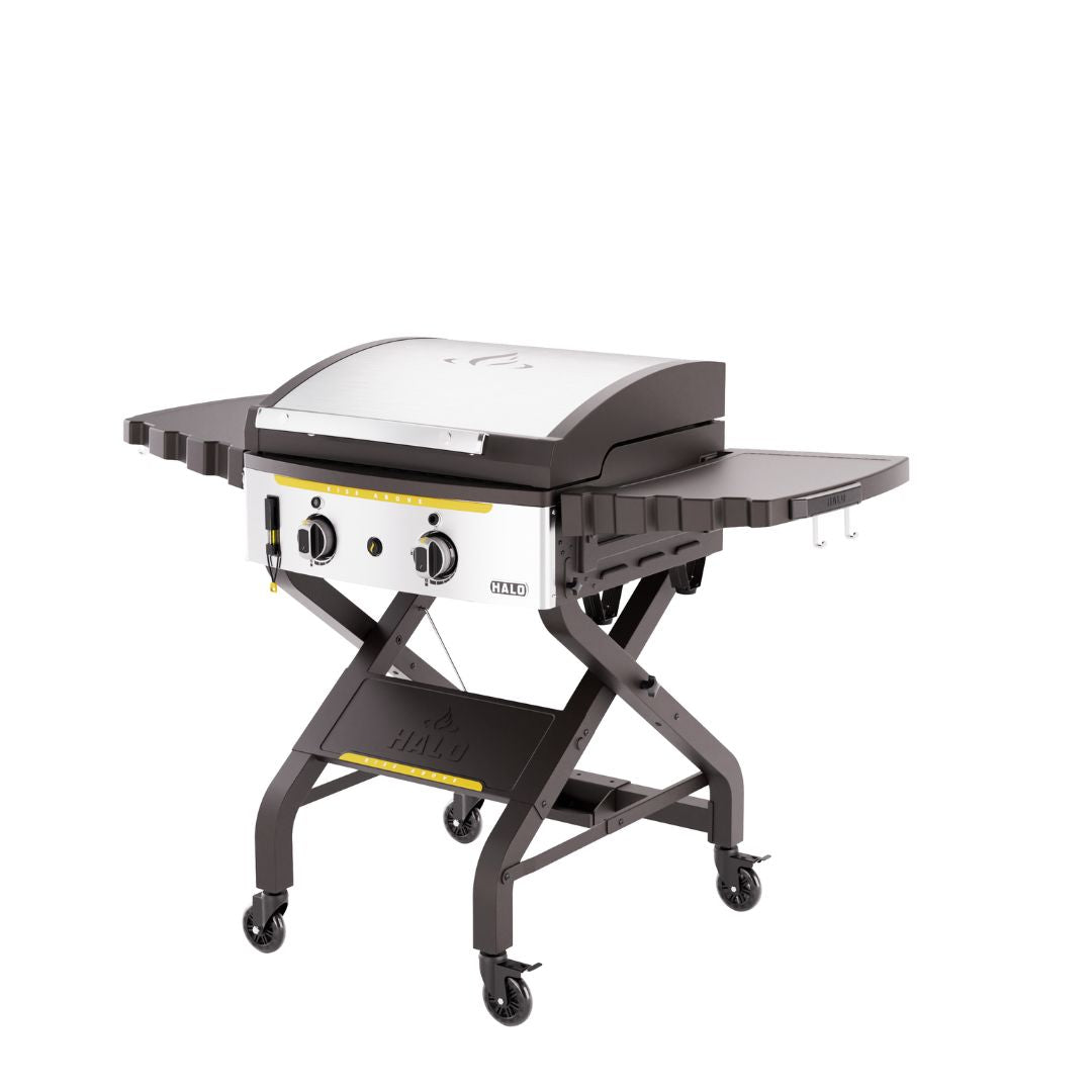 HALO Elite 2B Griddle HZ-1003-XNA portable two-burner outdoor griddle with stainless steel hood, dual control knobs, folding X-frame stand, locking casters and side shelves