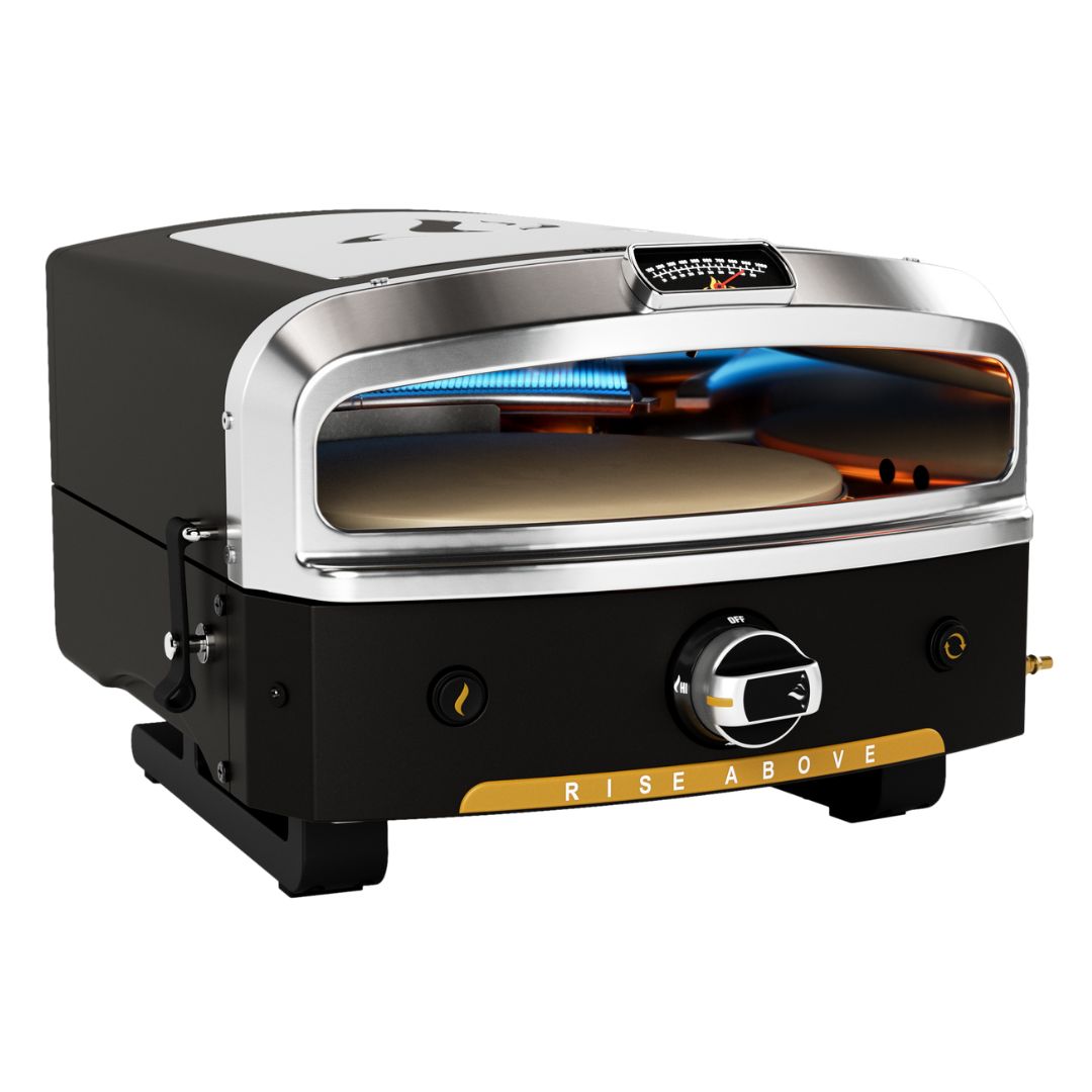 HALO Versa 16 HZ-1004-ANA portable outdoor gas pizza oven, black with stainless trim, 16″ rotating cordierite stone and visible blue burner flame