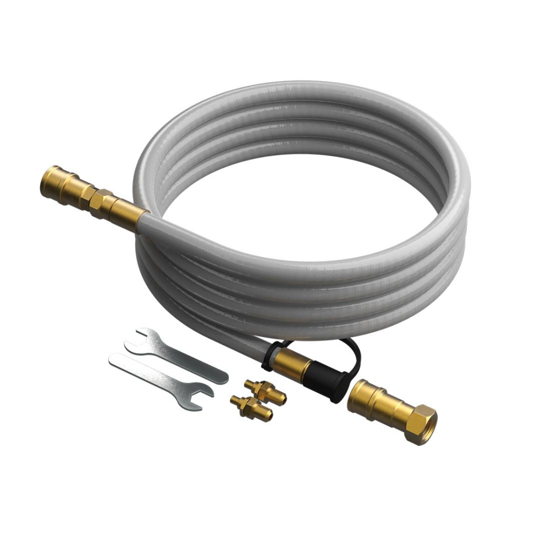 HALO HZ-3001-B natural gas conversion kit — coiled 10 ft gray rubber quick-disconnect hose with solid brass fittings, two brass orifices and wrenches for Elite griddles