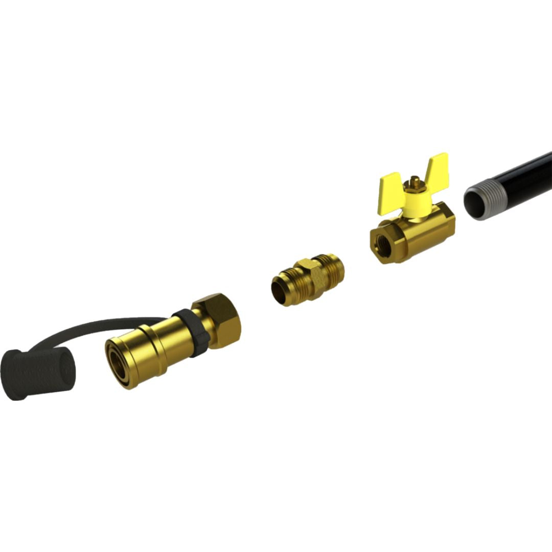 HALO HZ-3001-B natural gas conversion kit: brass quick-disconnect with rubber cap, brass adapter, brass ball valve with yellow wing handle, and black hose end