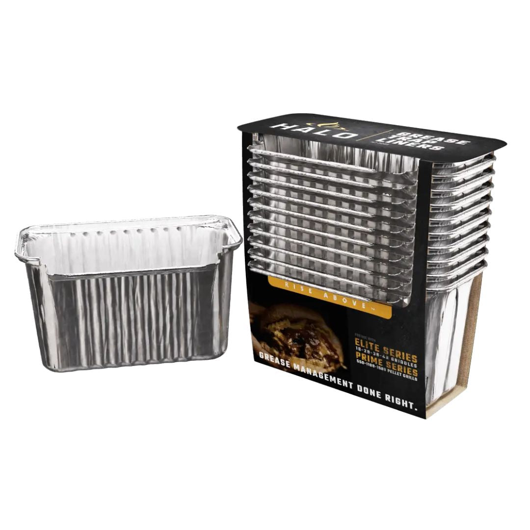 HALO HZ-3005 disposable aluminum foil grease liners in branded box next to one rectangular ribbed liner for Elite/Prime griddles
