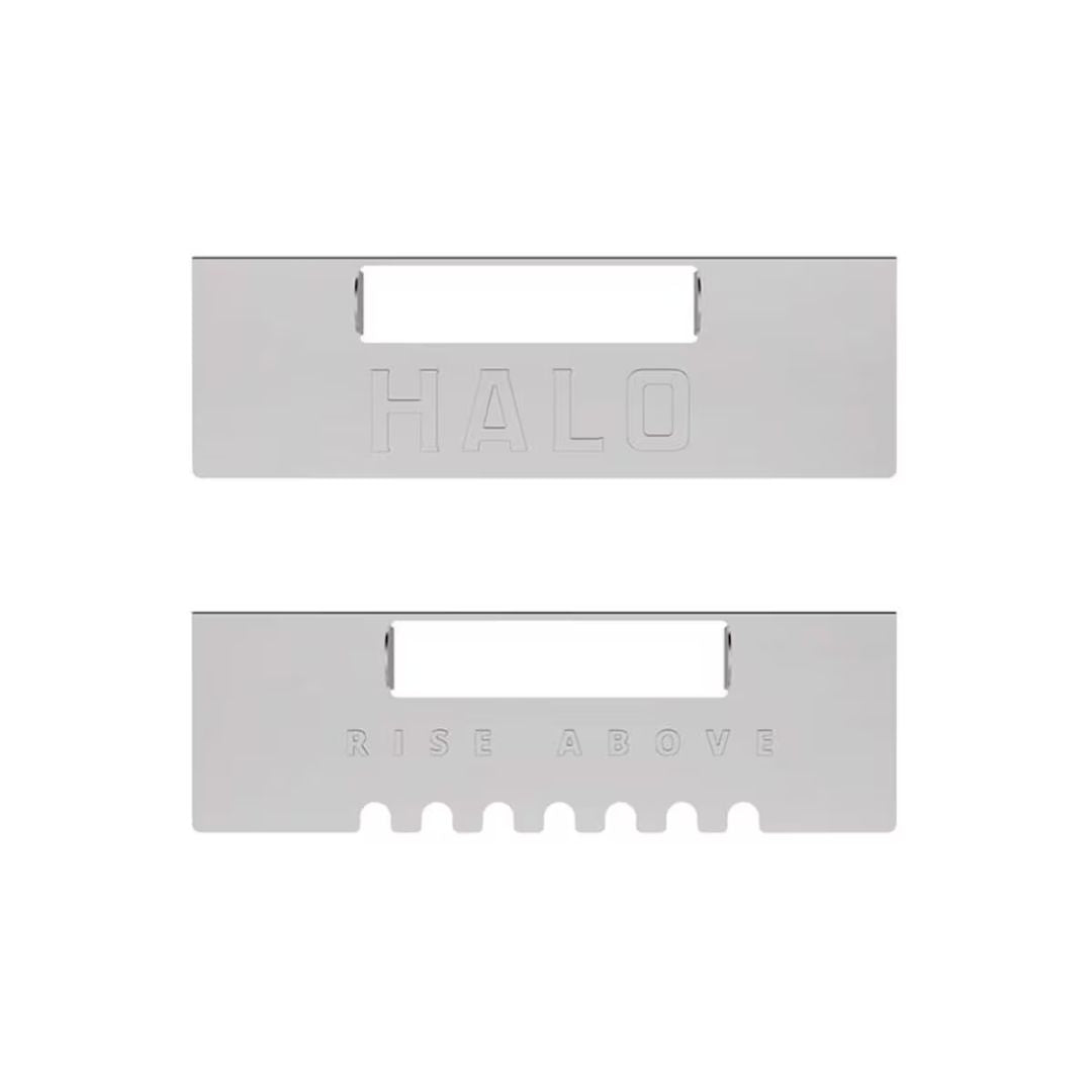 HALO HZ-3013 stainless steel grease-trap gates for Elite griddles, set of two — solid gate embossed "HALO" and slotted gate stamped "RISE ABOVE"