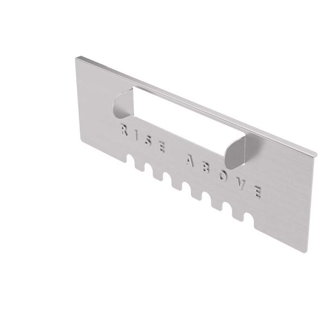 HALO Elite stainless steel griddle grease-trap gate with slotted rectangular cutout and scalloped drain edge