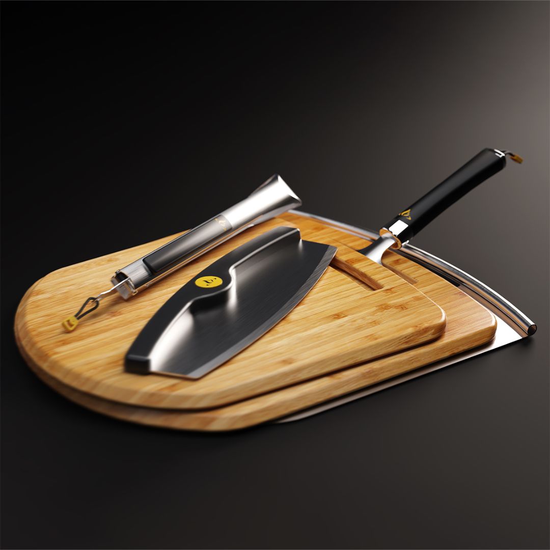 HALO 6-piece Cook & Serve pizza kit on dark background: stacked bamboo 16-inch and 14-inch peels, stainless 16-inch peel, mezzaluna cutter, slice server handle and tongs.