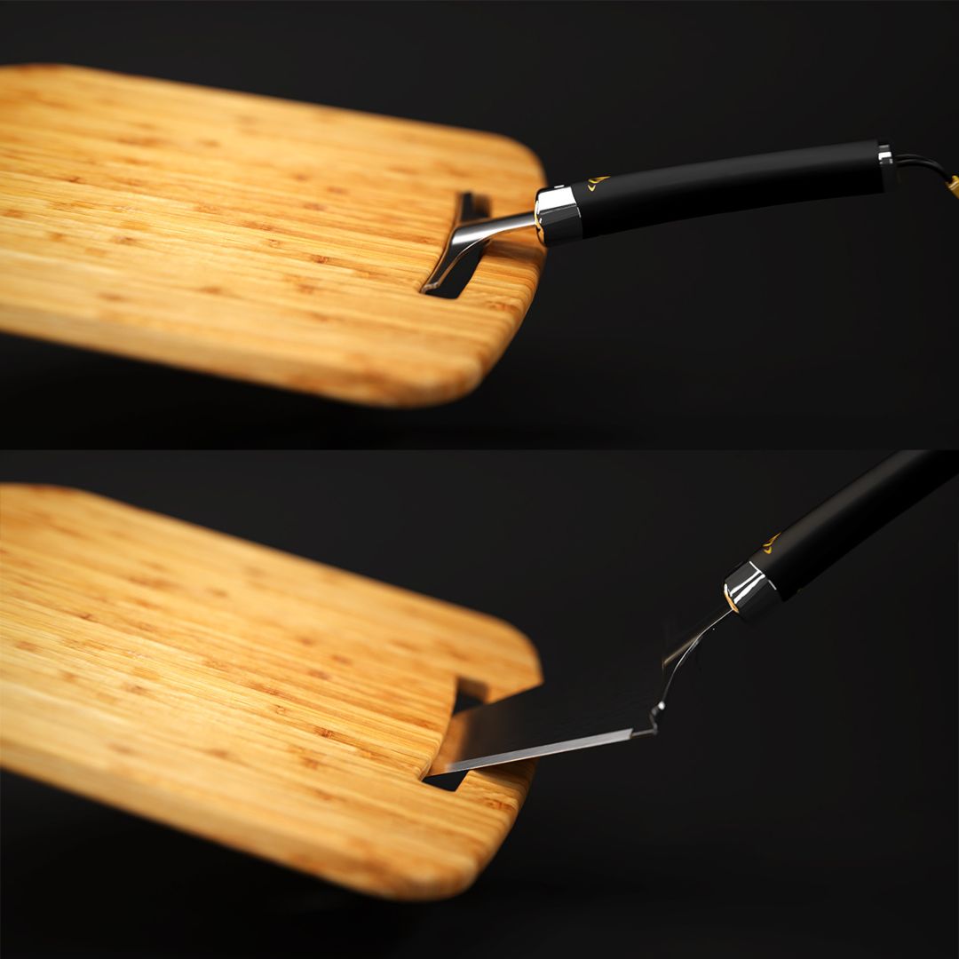 HALO HZ-3022 bamboo pizza peel with detachable black handle and stainless-steel slice server, close-up