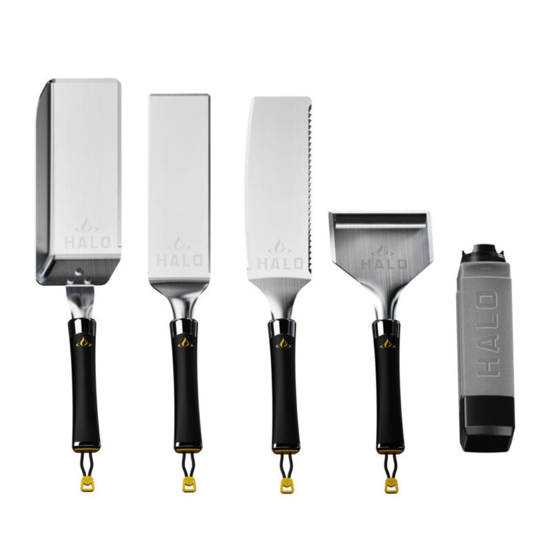 HALO HZ-3024 5-piece stainless steel griddle kit: spatula, scoop spatula, serrated blade, squeegee scraper and squeeze bottle