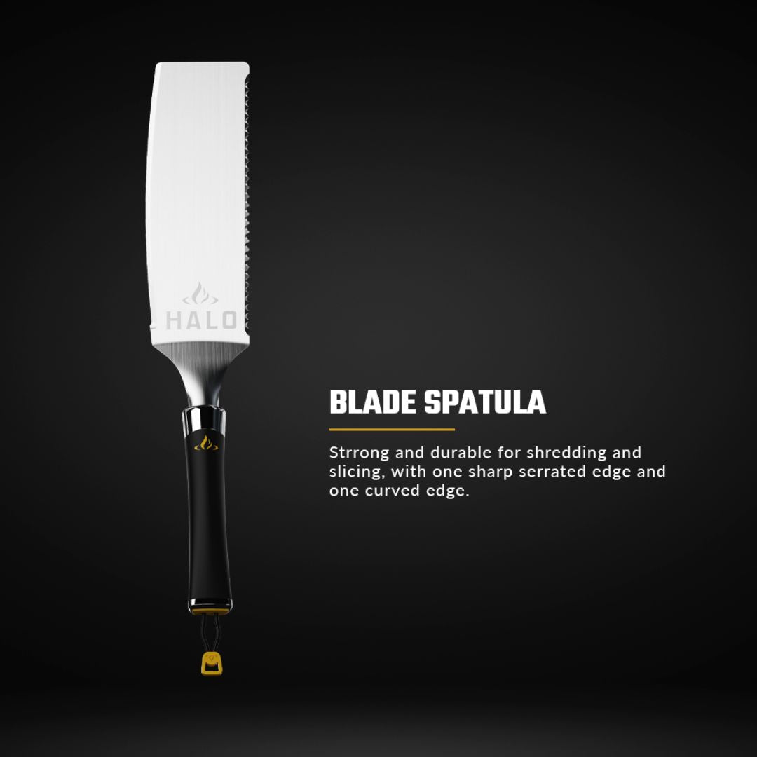 HALO blade spatula — heavy-gauge stainless steel serrated blade with HALO logo and black magnetic handle with yellow lanyard, griddle utensil