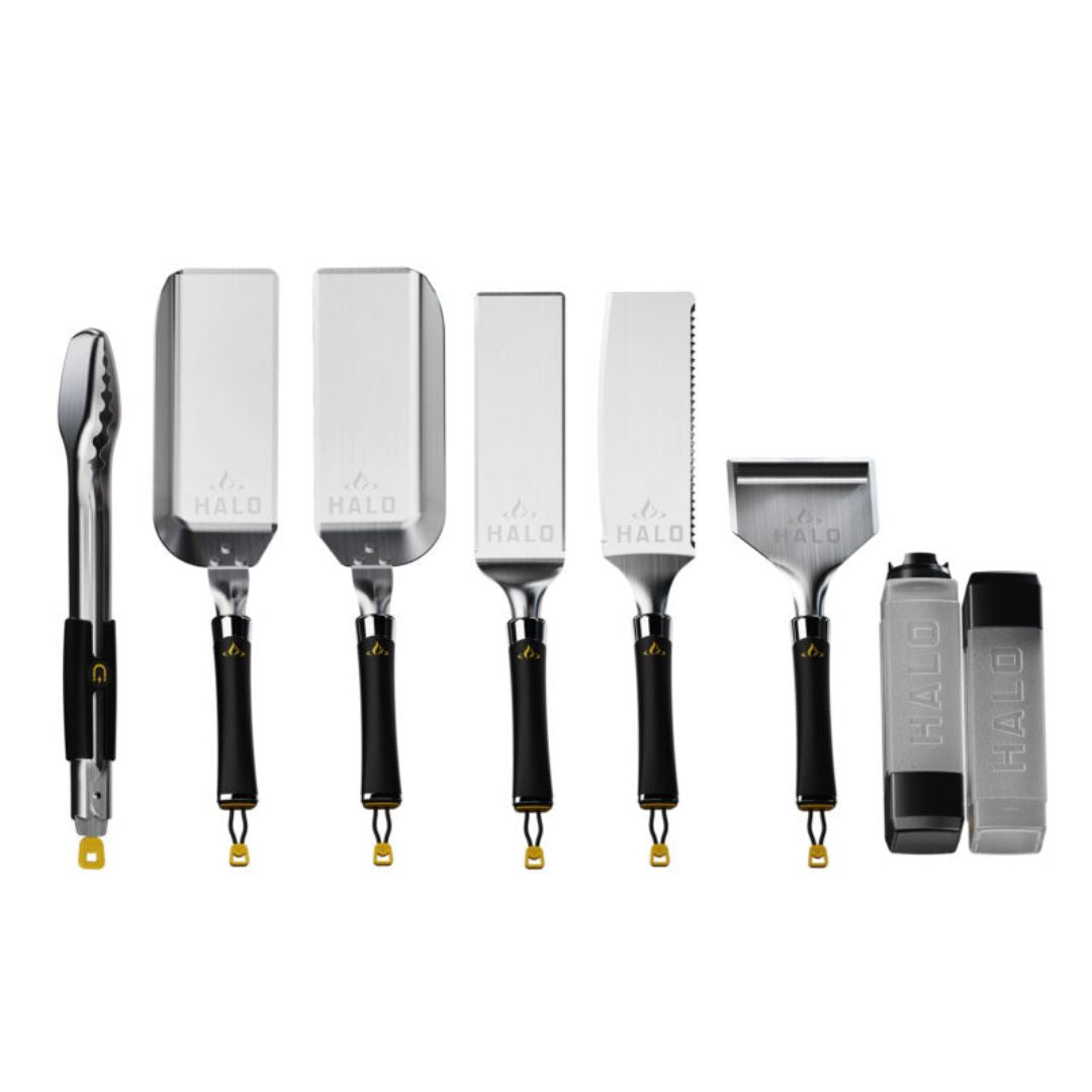HALO HZ-3025 8-piece stainless steel griddle kit — magnetic-handled tongs, left/right scoop spatulas, flat & serrated spatulas, squeegee scraper and 2 squeeze bottles
