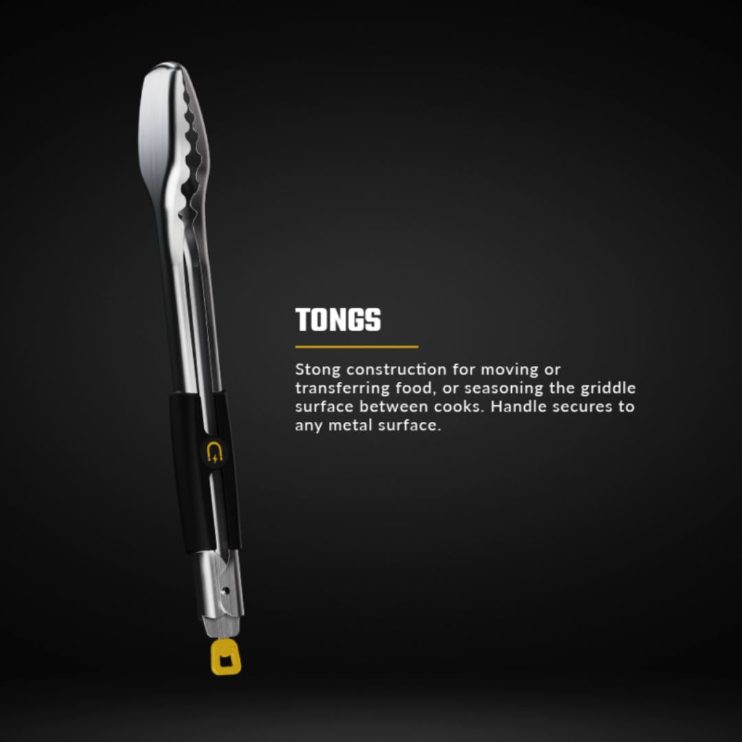 Stainless-steel griddle tongs with serrated tips, black magnetic handle and yellow hanging loop — HALO Elite griddle tongs (HZ-3025)