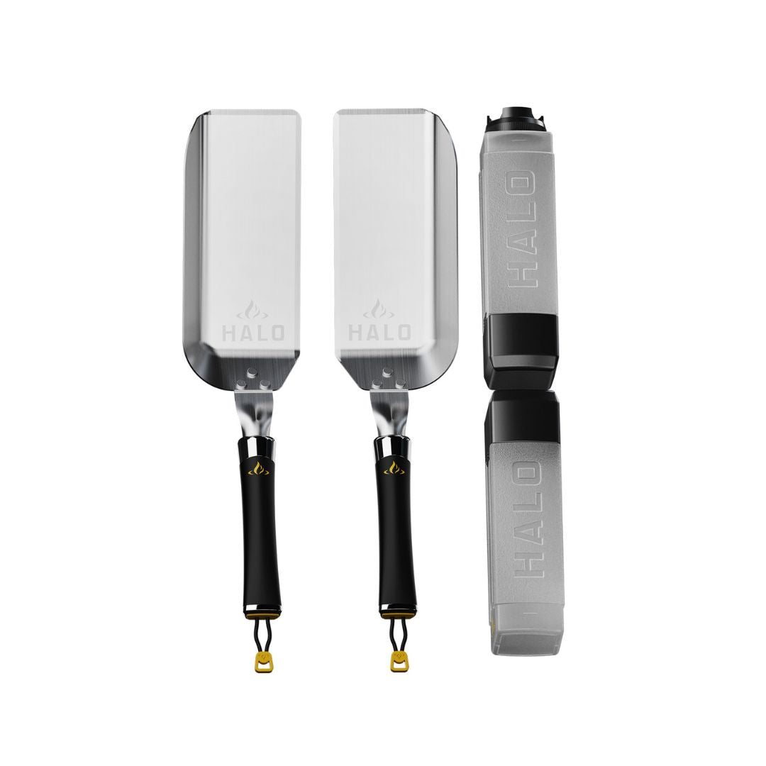 HALO HZ-3026 griddle kit — two stainless steel scoop spatulas (left/right) with magnetic handles and two squeeze bottles