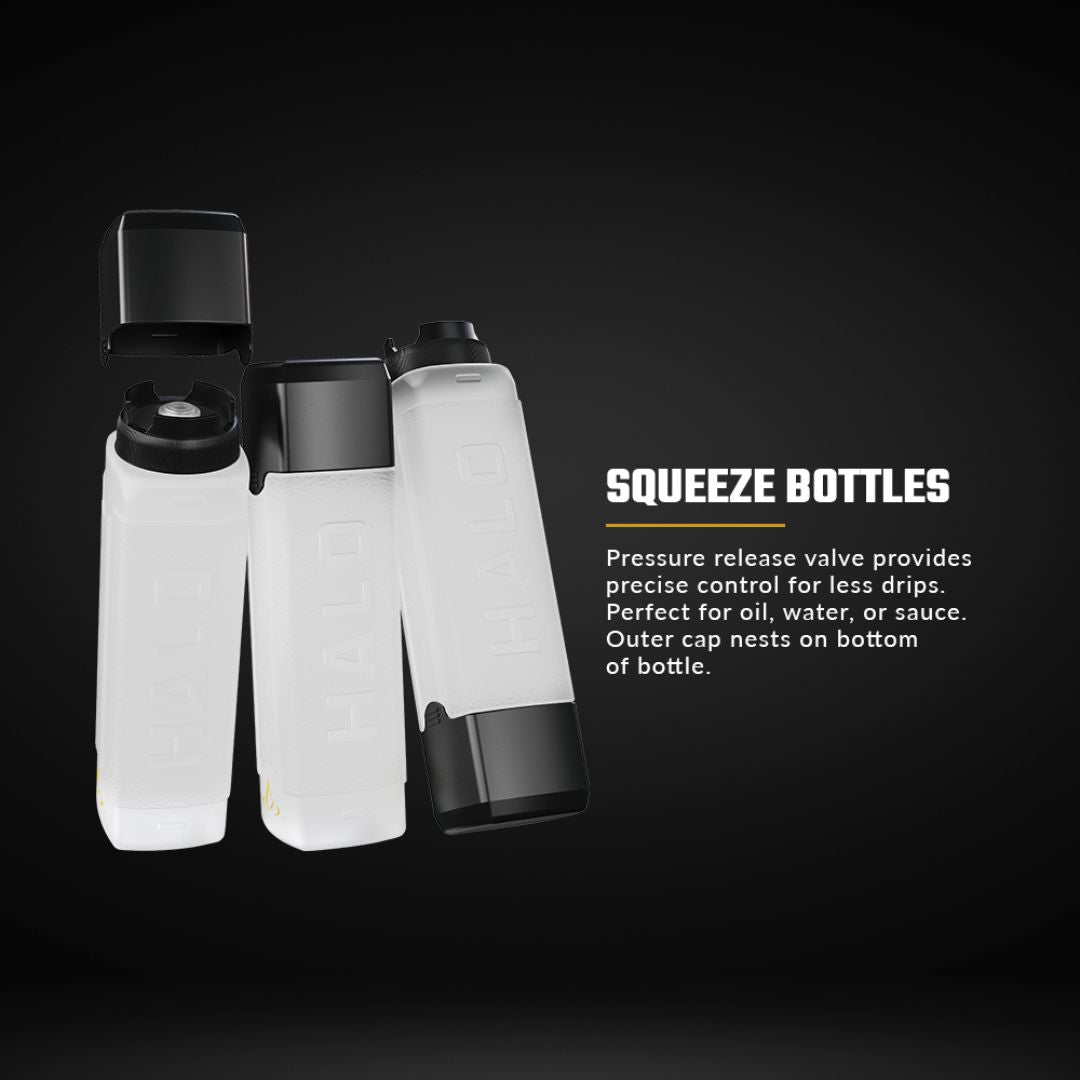 HALO Elite HZ-3027 27 oz translucent squeeze bottle pack with black snap-on lids, pressure-release valves and nested bottom caps for oils and sauces