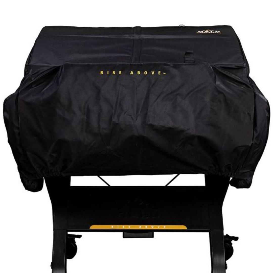 HALO Elite HZ-5002 black PVC-coated polyester custom-fit griddle cover with yellow "RISE ABOVE" logo