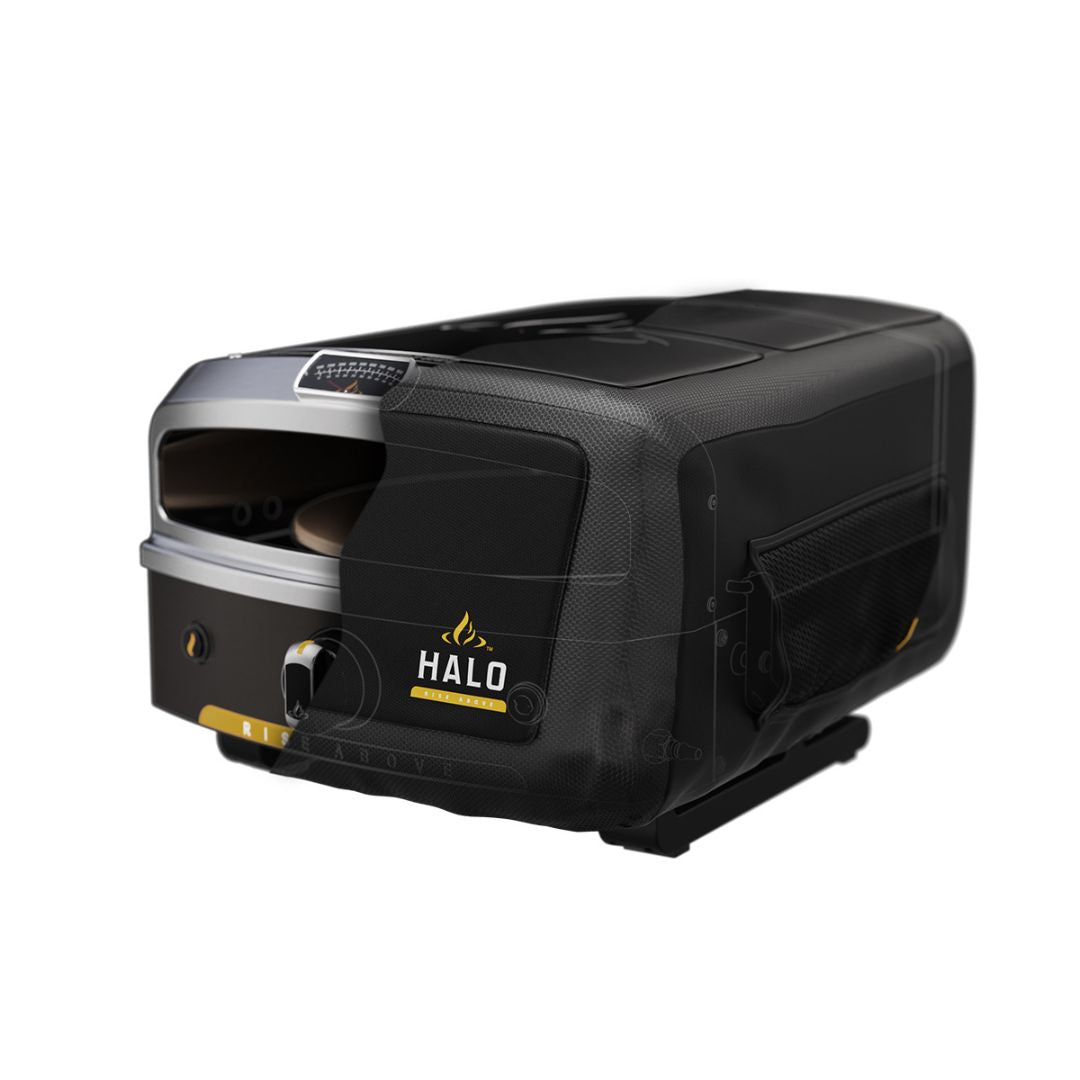 HALO Versa 16 pizza oven cover HZ-5004 — black custom-fit cover with elastic hem and side pocket for 1-lb propane