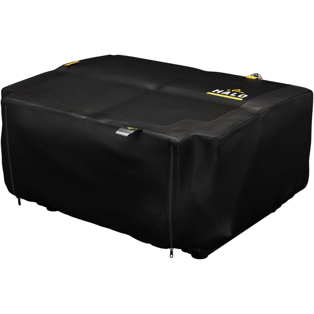 Black HALO Elite1B HZ-5007 fitted griddle cover with yellow HALO logo and reinforced tabs