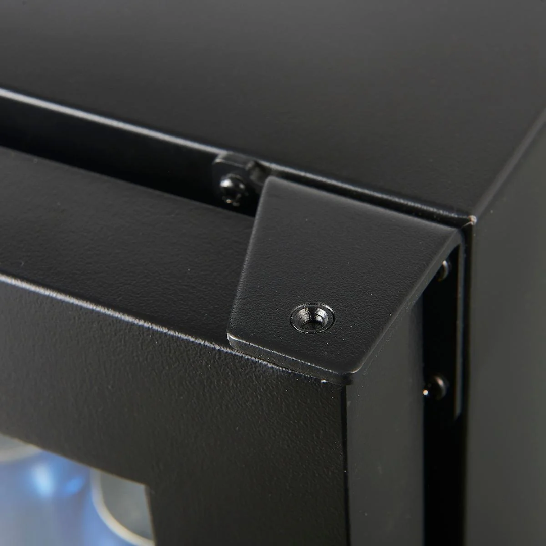 Hinge_BLK black powder-coated steel corner hinge for Vine & Flame outdoor metal lantern door with recessed screw detail