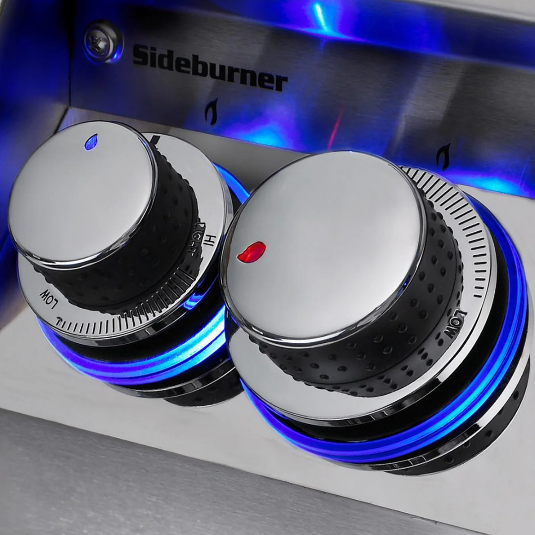 Fire Magic igniter/ignitor control knob, chrome and black rubber dial with blue LED halo for stainless steel gas grill side burner