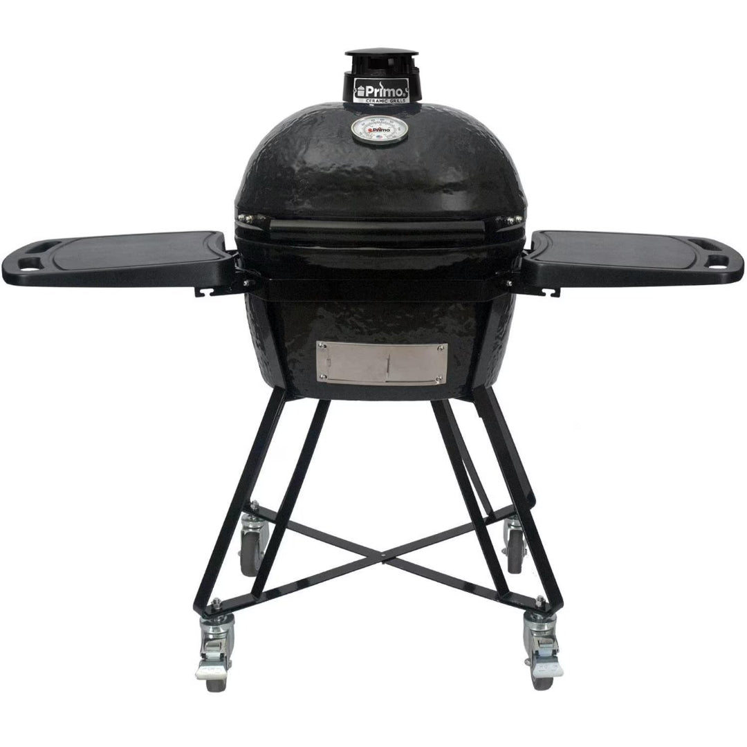 Primo JR ceramic kamado grill on wheeled cart with folding side shelves, top vent and dome thermometer, stainless ash door, black portable kamado for backyard grilling and tailgating