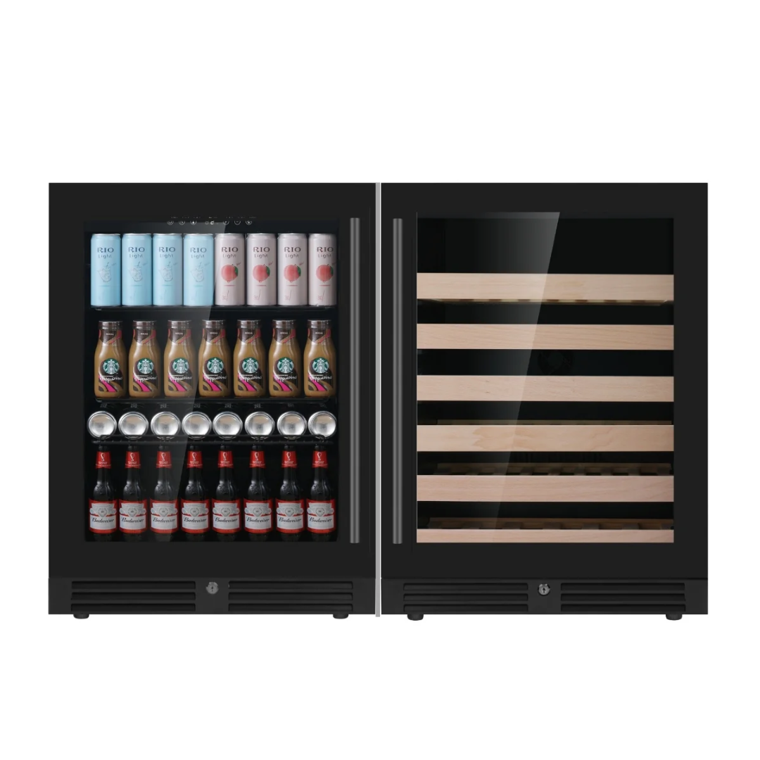 Vine and Flame KB145BW2-FG built-in dual-zone undercounter beverage and wine refrigerator, black glass doors with stainless handles, left stocked beverage cooler with cans and bottles, right wine cooler with wooden shelves