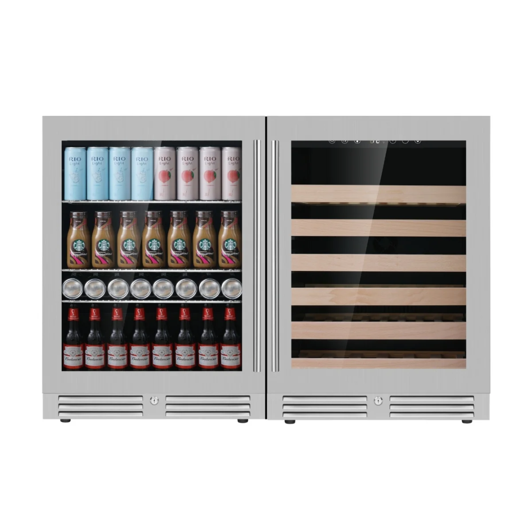 KB145BW2-SS stainless steel dual-zone undercounter wine fridge and beverage center with left glass door stocked with cans and bottled drinks and right glass door wine compartment with wooden shelves