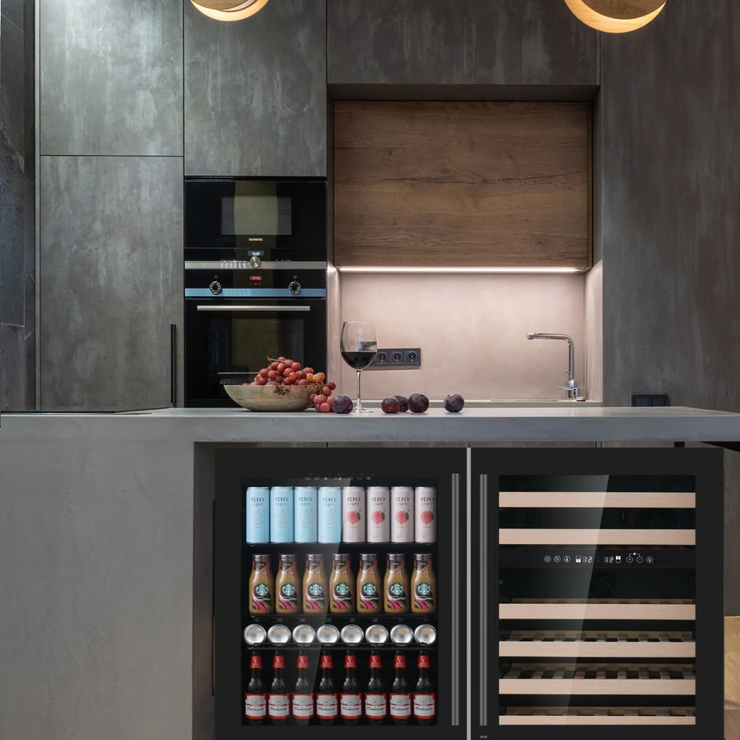 KB145BW3-FG built-in undercounter dual-zone wine and beverage refrigerator with glass doors and wooden shelves