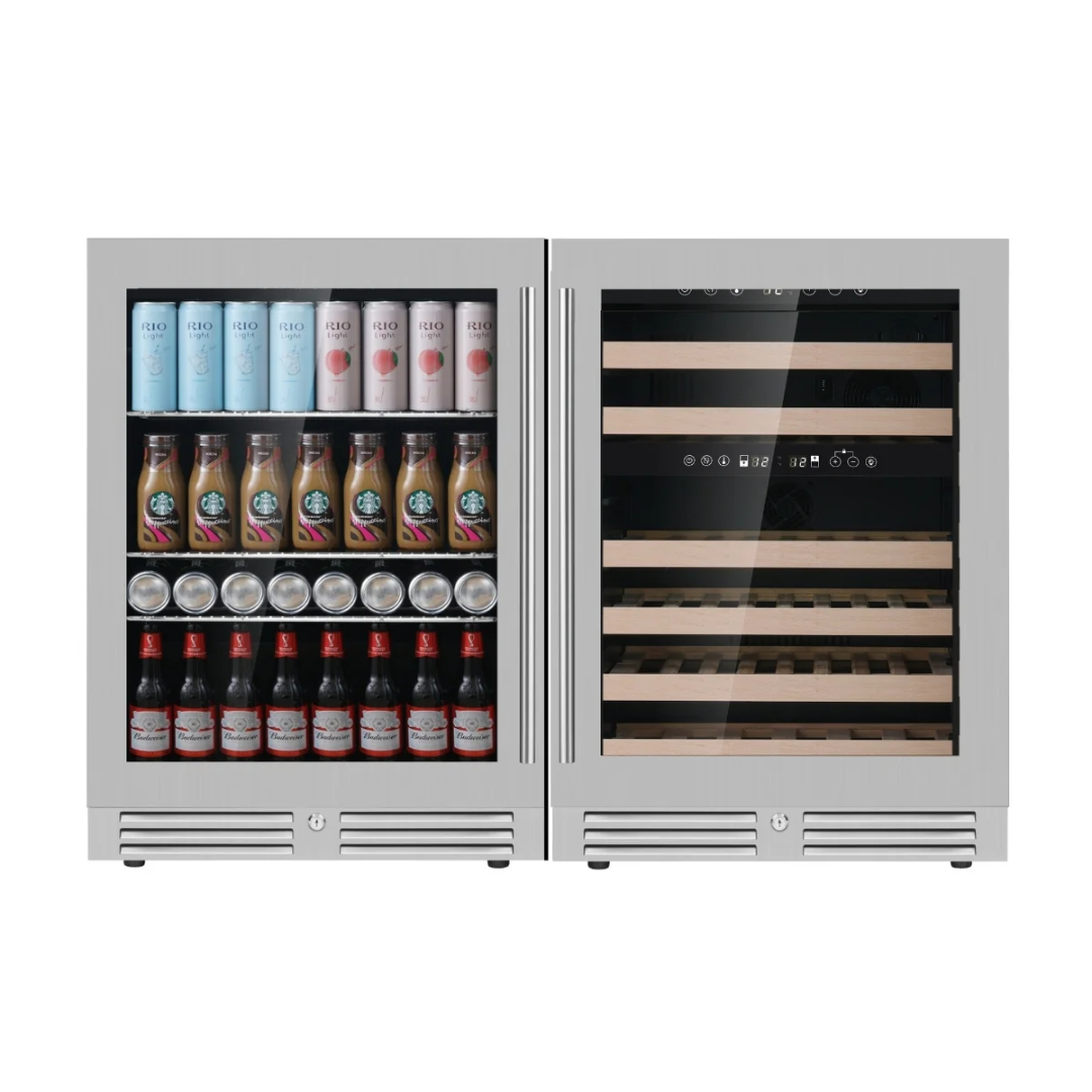 KB145BW3-SS built-in undercounter stainless steel dual-zone wine and beverage refrigerator with glass doors, left beverage storage and right wood-shelved wine cooler with digital controls