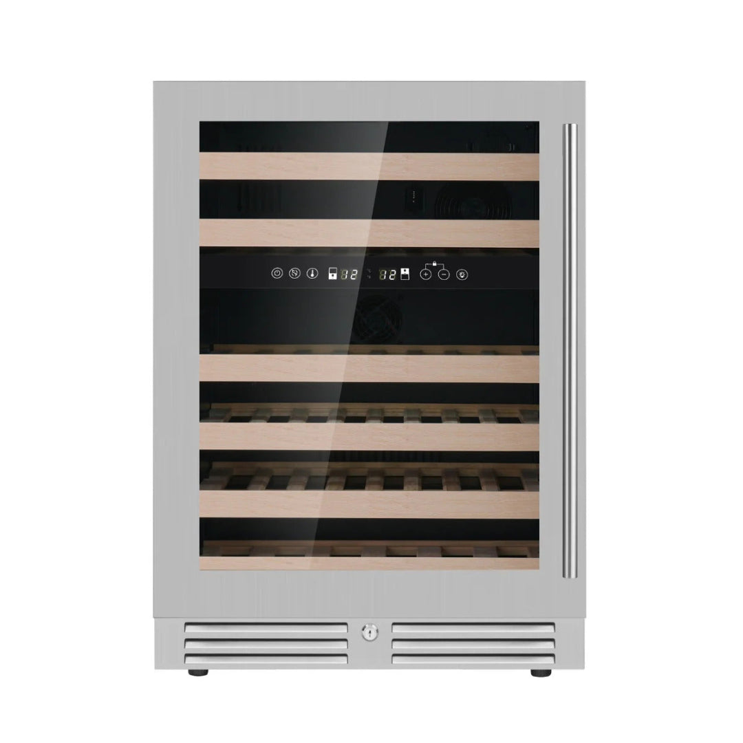 KB145DX-SSLHH stainless steel built-in undercounter dual-zone wine cooler/refrigerator with glass door, wooden shelves, digital touch controls, stainless handle, front vent and lock