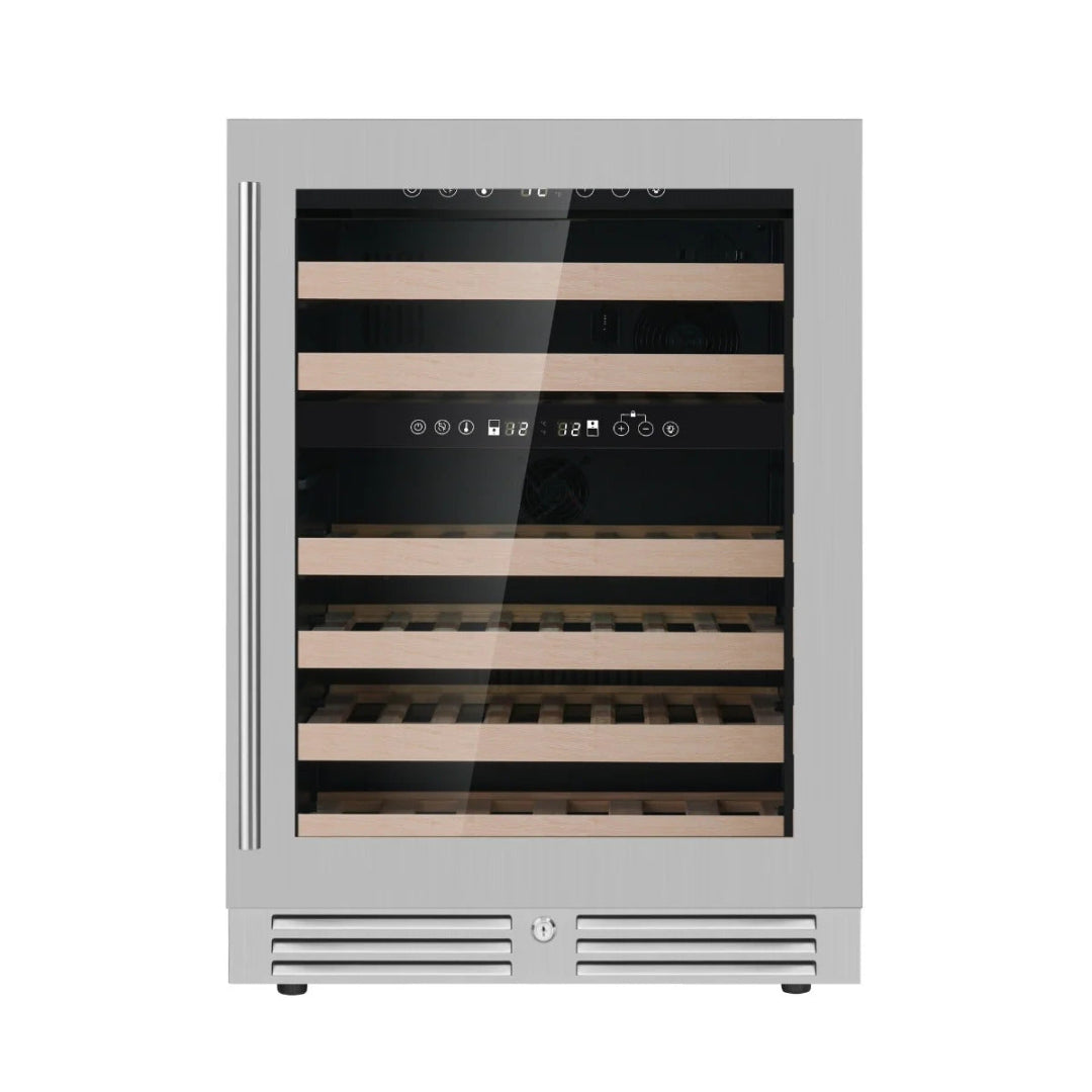 KB145DX-SSRHH 24-inch undercounter stainless steel dual-zone wine cooler with tempered glass door, natural wood shelves, digital touch controls, LED temp display and lockable vented base