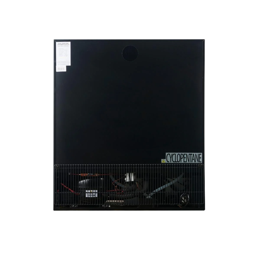 KB165BW black undercounter wine cooler back panel showing compressor, ventilation grille and CYCLOPENTANE label