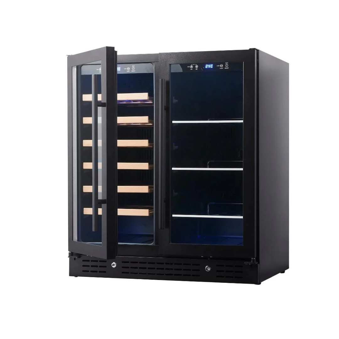 KB165BW-BLK compact black dual-zone wine refrigerator with double glass doors, left wood slide bottle shelves, right adjustable metal shelves and blue LED digital temperature display