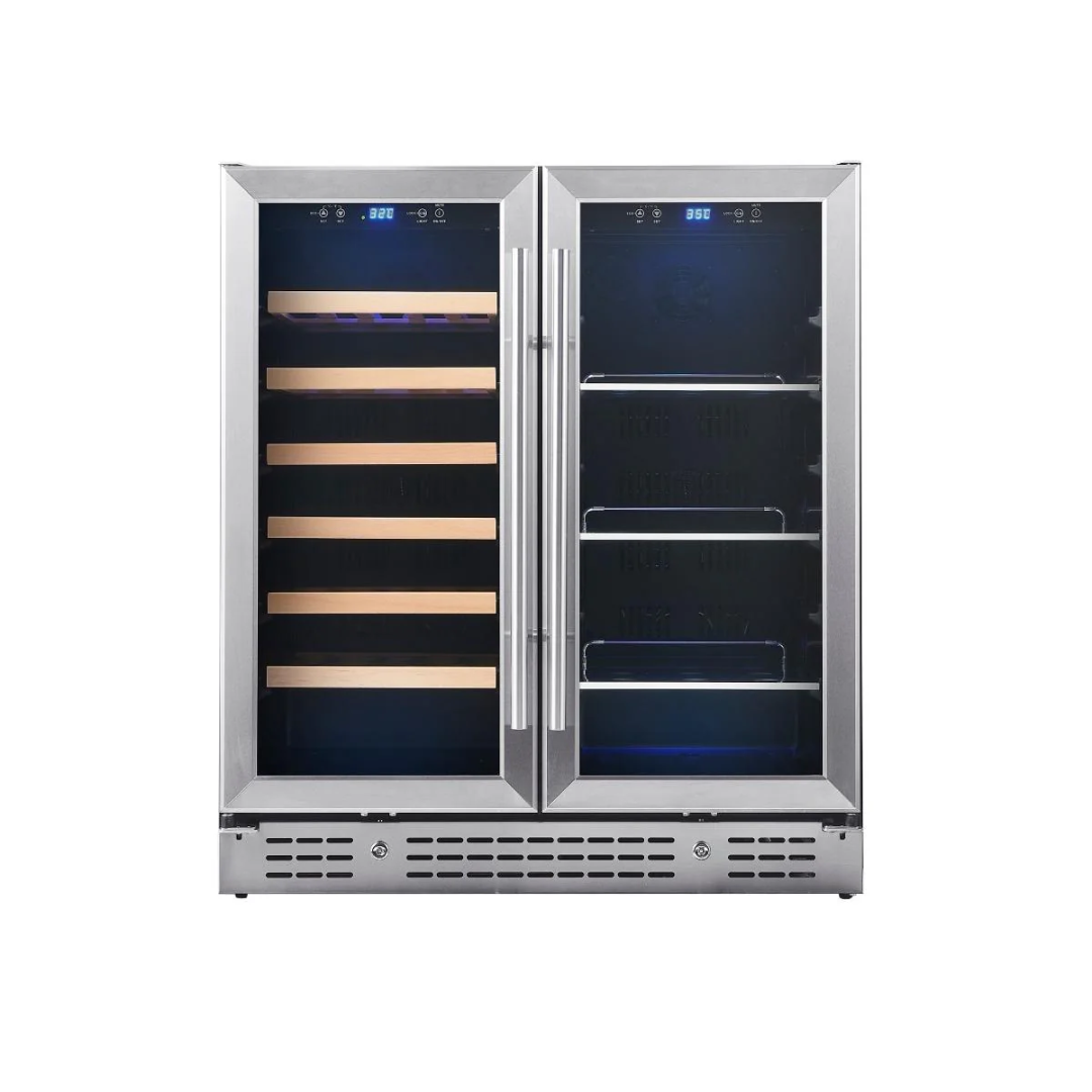 KB165BW-SS dual-zone built-in undercounter stainless steel wine and beverage cooler with glass double doors, wooden wine shelves left, adjustable metal shelves right, blue LED temperature display