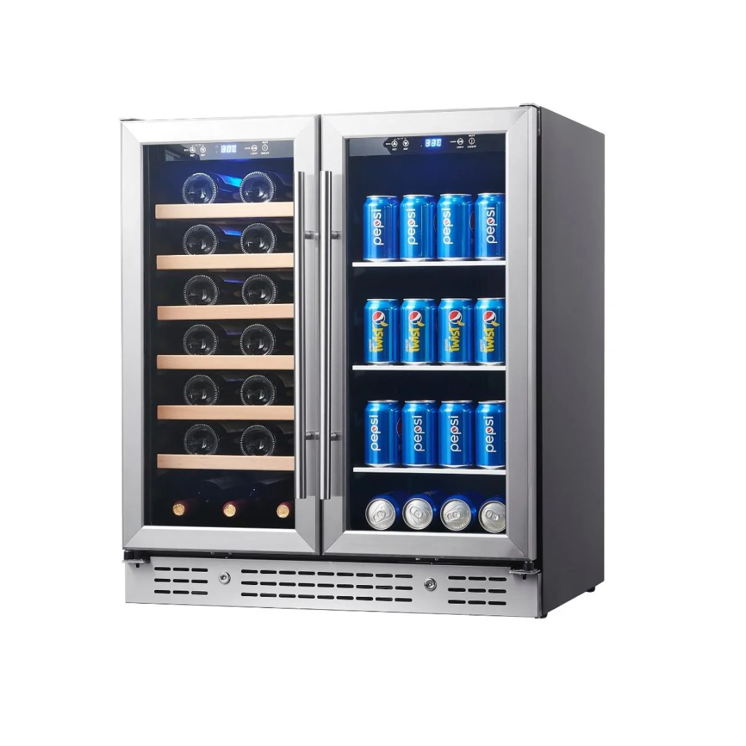 KB165BW-SS 24-inch built-in dual-zone stainless steel glass-door wine and beverage cooler with left wooden wine racks, right adjustable shelves for soda cans, blue LED lighting and digital temperature display