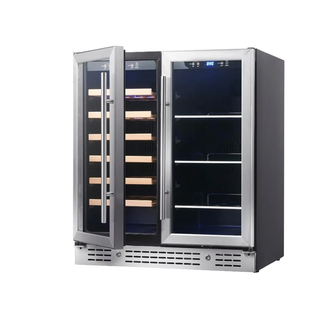 KB165BW-SS dual-zone undercounter 2-door wine fridge and beverage cooler, stainless steel trim, left wood-slat wine shelves, right adjustable glass shelves, digital temperature display