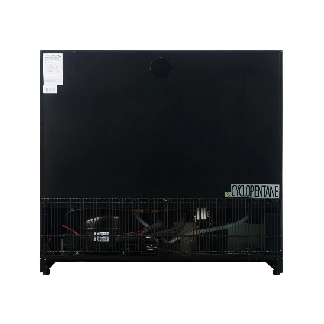 Back view of KB190BW black wine refrigerator showing compressor, condenser grille and CYCLOPENTANE insulation label