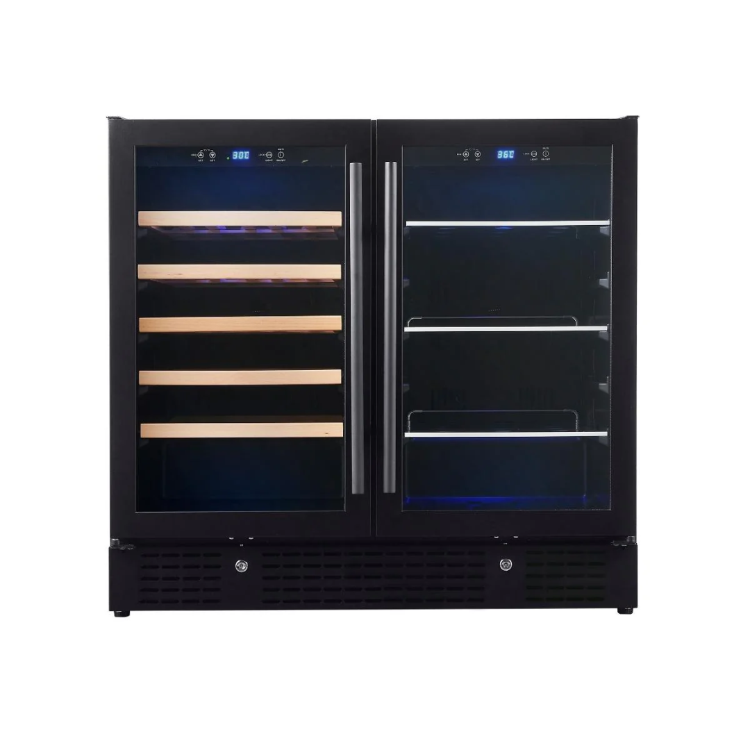 A 36-inch Kings Bottle beer and wine cooler combination with low-E glass doors, digital display controllers, and LED interior lighting.