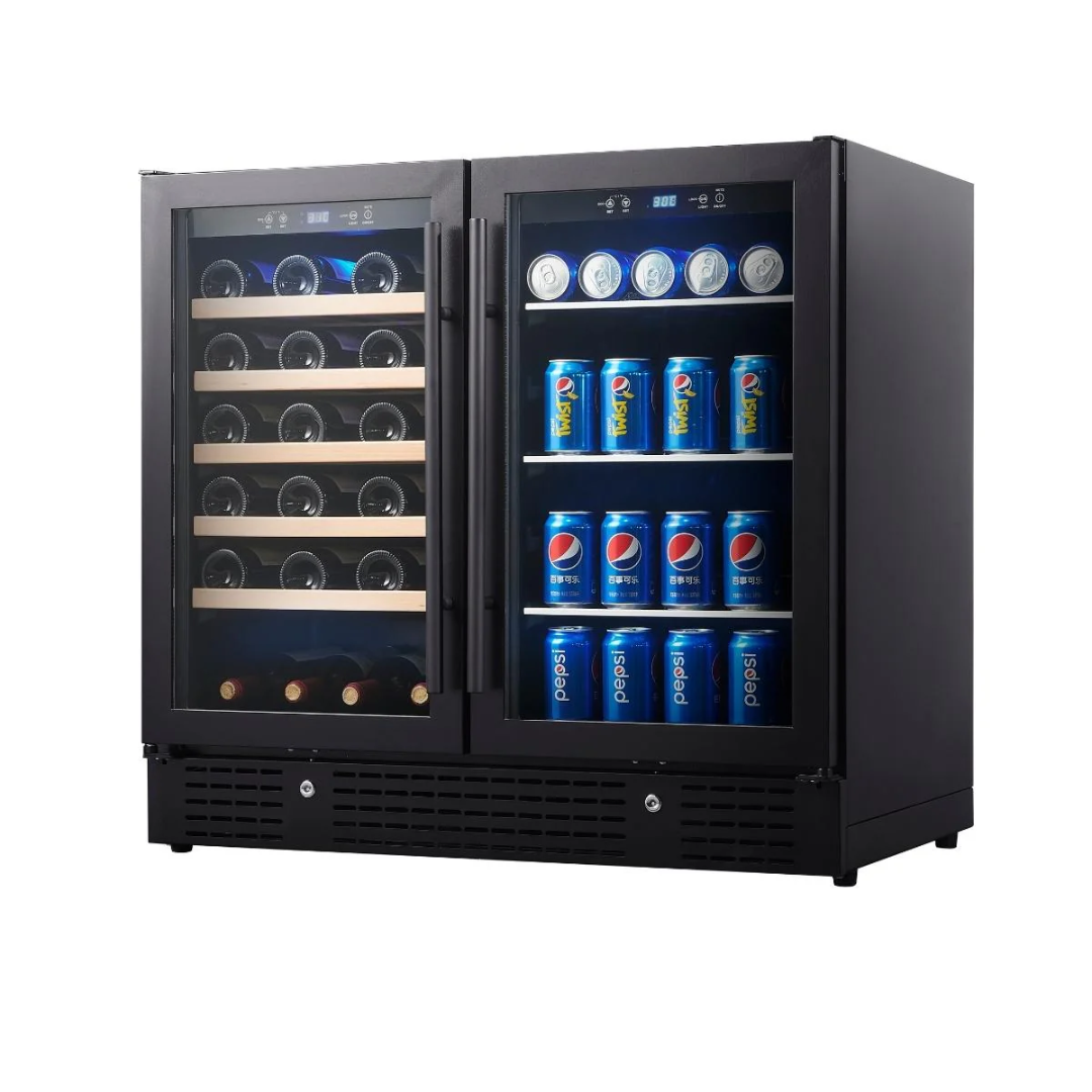 KB190BW-BLK black dual-zone undercounter wine and beverage cooler with glass doors, wooden wine shelves, can storage racks, digital temperature display