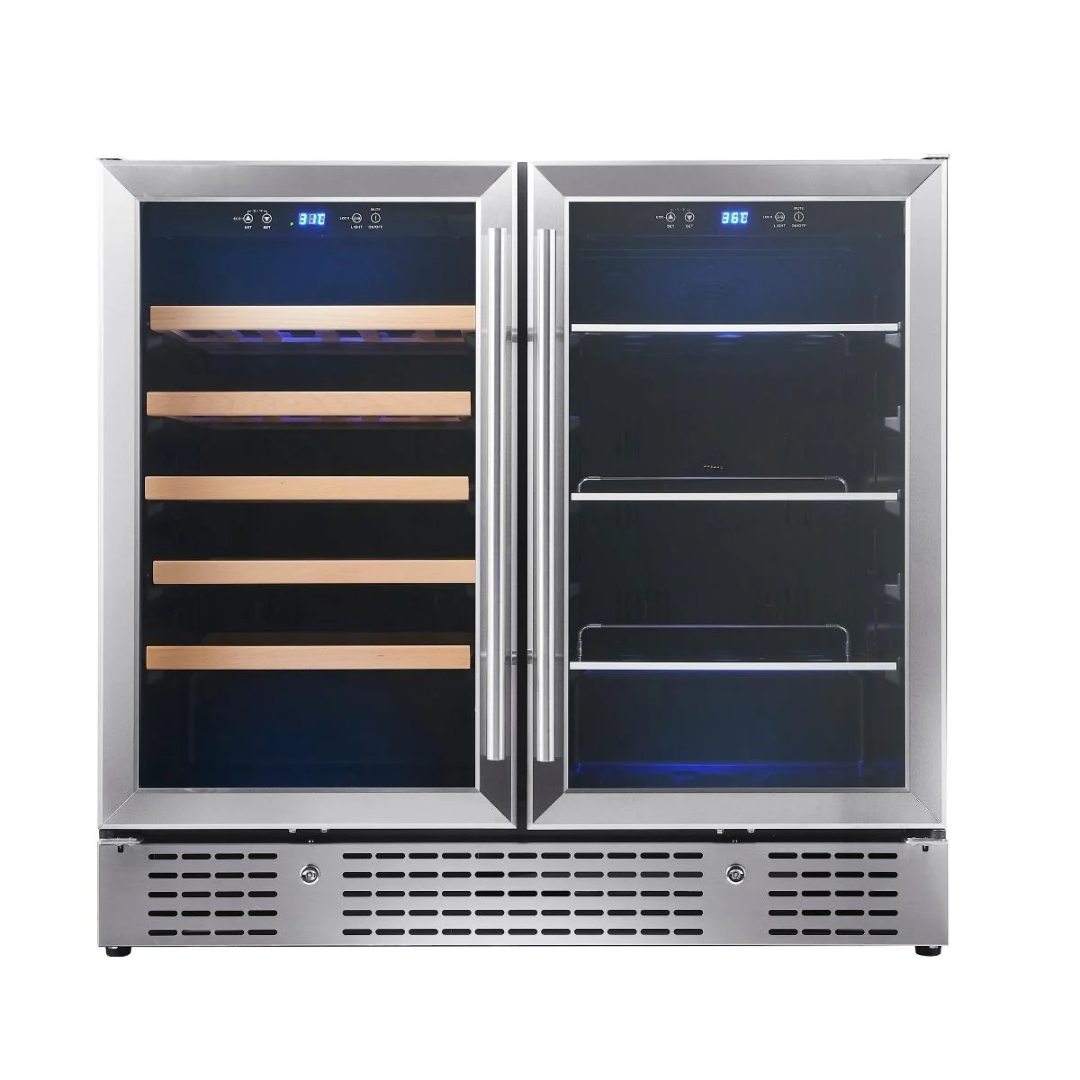 KB190BW-SS 19-bottle dual-zone undercounter stainless steel wine cooler with double glass doors, left wooden sliding shelves, right adjustable metal shelves, blue LED digital temperature display and touch controls