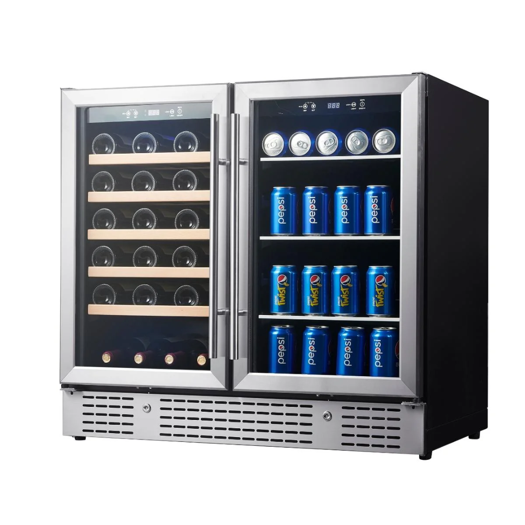 KB190BW-SS stainless steel dual‑zone built‑in wine and beverage cooler with double glass doors, wooden racks and digital temperature display