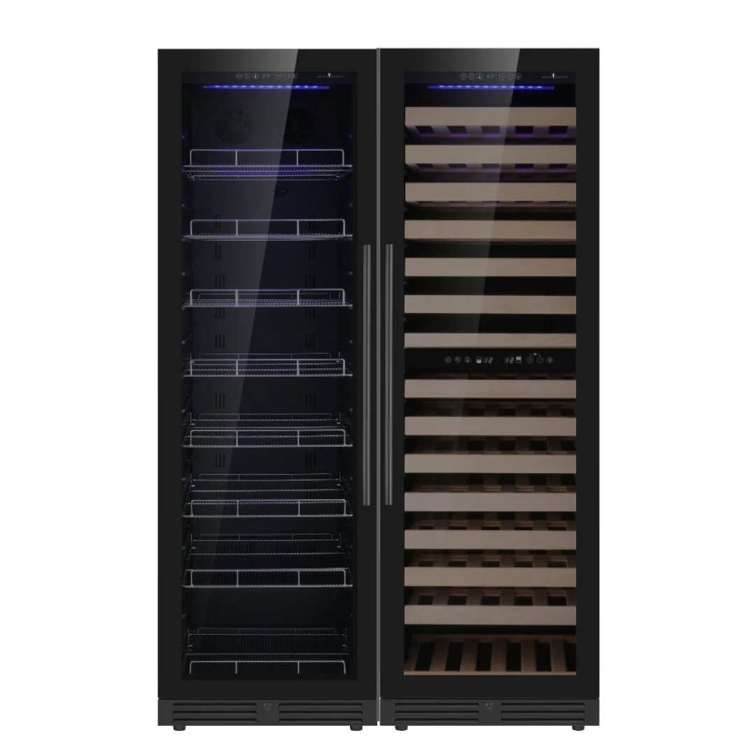 KB425BW3-FG dual-zone wine and beverage refrigerator with black stainless glass doors, left adjustable chrome wire-shelf beverage cooler with blue LED, right wooden-shelf wine cellar with digital touch controls