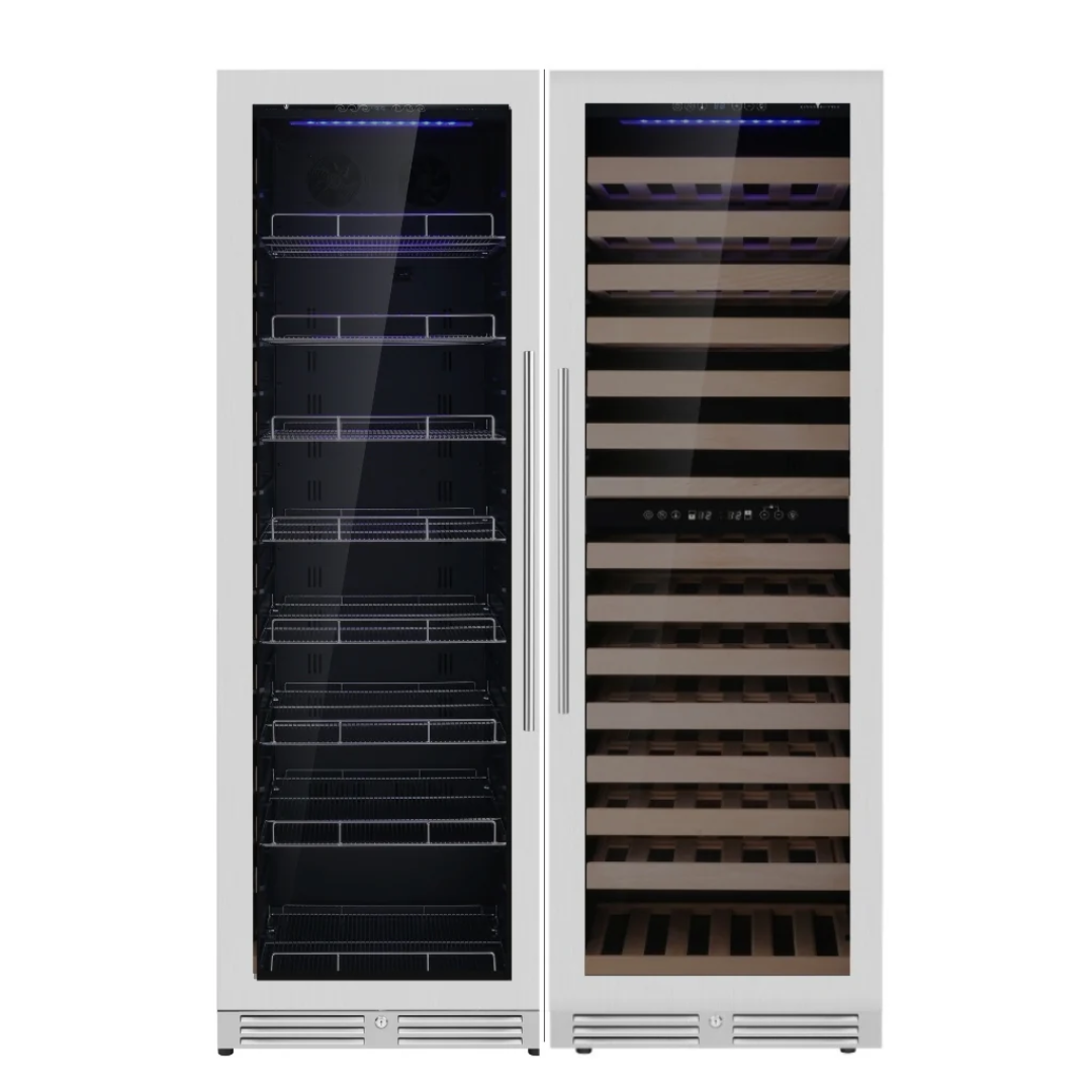 KB425BW3-SS dual-zone built-in stainless steel wine refrigerator with glass doors, left beverage compartment with wire shelving and blue LED, right wine cooler with wood-slat bottle racks and digital touch controls