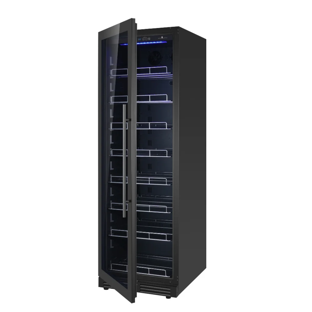 KB425BX-FGLHH black freestanding tall glass-door wine and beverage cooler with blue LED interior lighting, adjustable wire shelves and stainless vertical handle